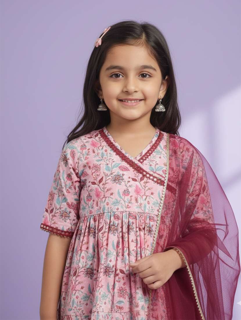 Girls Floral Peach Viscose Kurta Sharara Set Suit Set - 22473210 -  Standard Image - 1