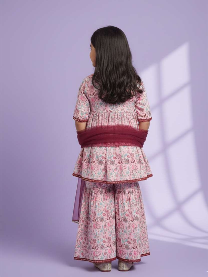 Girls Floral Peach Viscose Kurta Sharara Set Suit Set - 22473210 -  Standard Image - 4
