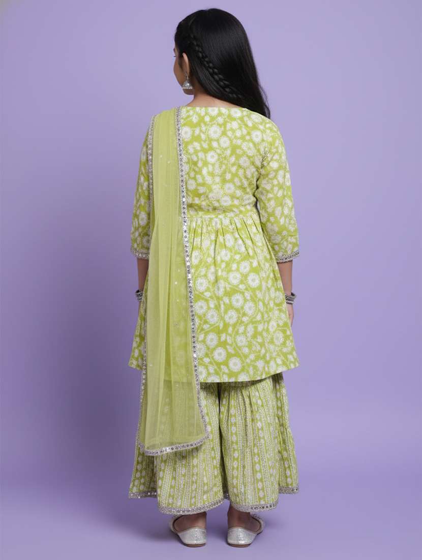 girls green cotton kurta sharara set suit set - 22473215 -  Standard Image - 4