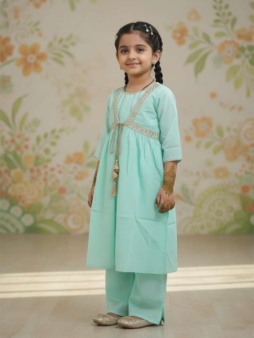 girl sea green cotton kurta pant set suit set - 22473217 -  Standard Image - 1