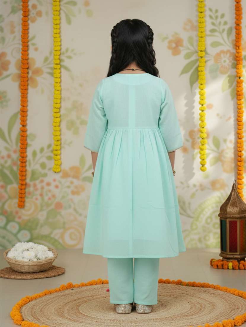 girl sea green cotton kurta pant set suit set - 22473217 -  Standard Image - 4