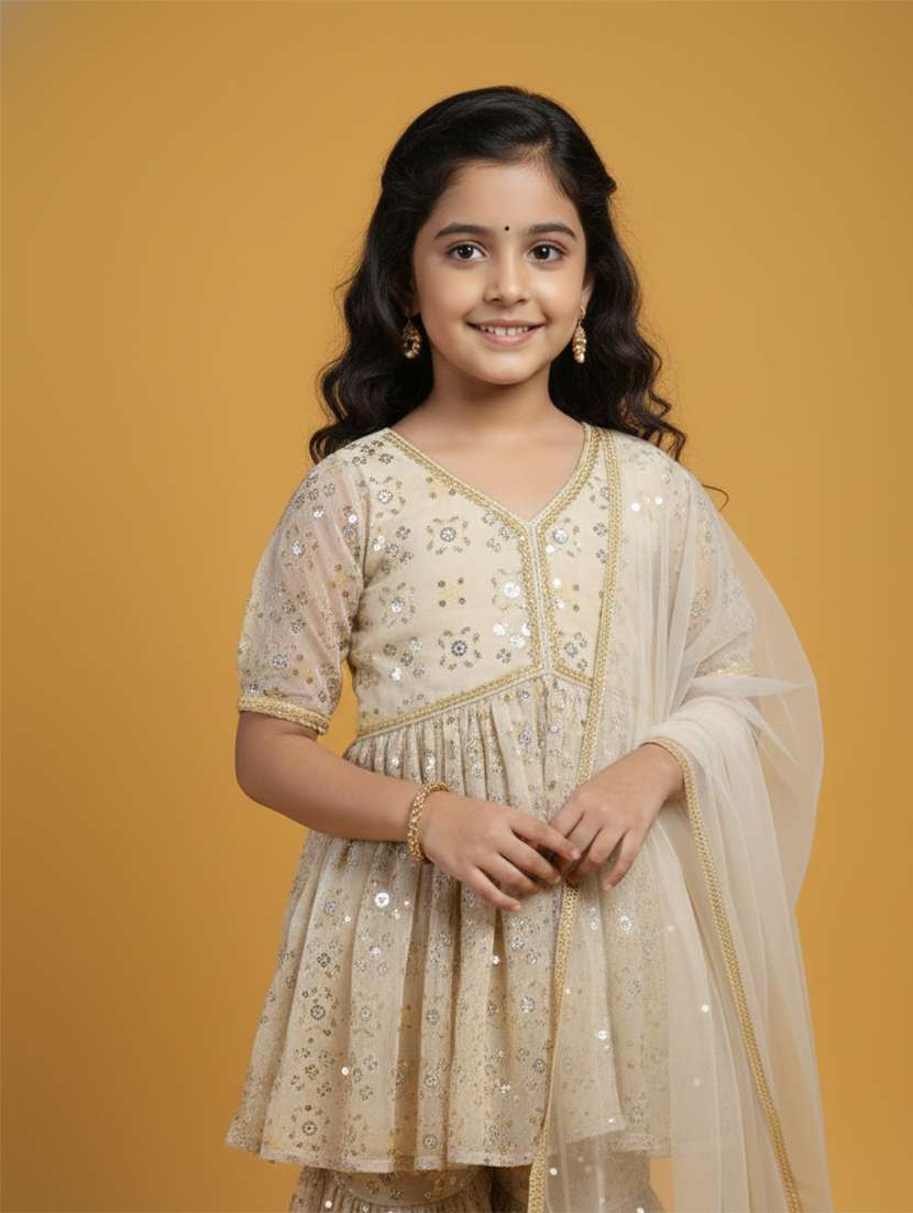 girl beige viscose kurta sharara set suit set - 22473218 -  Standard Image - 1