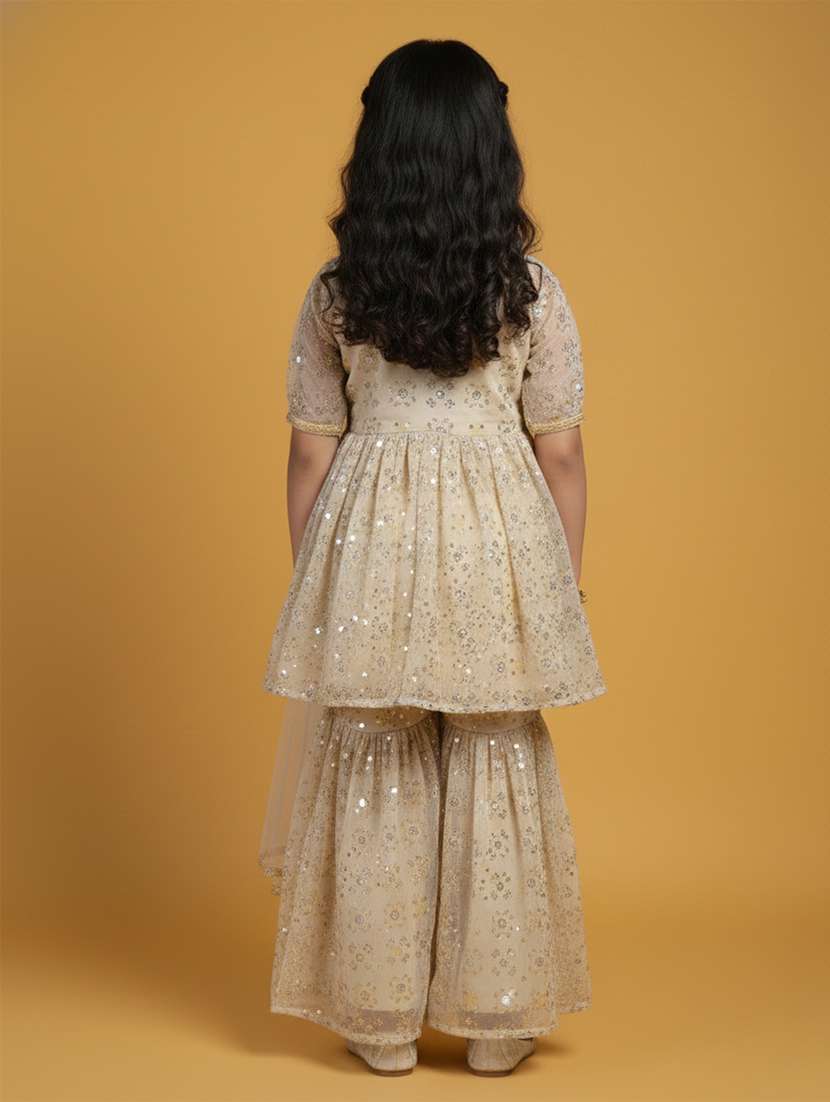 girl beige viscose kurta sharara set suit set - 22473218 -  Standard Image - 4