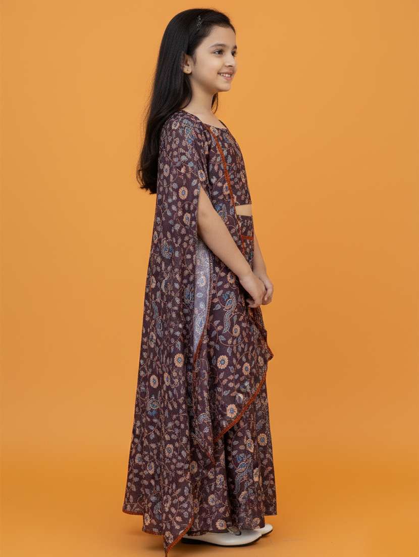 Girls Floral Brown Viscose Skirt Top Set Suit Set - 22473219 -  Standard Image - 1