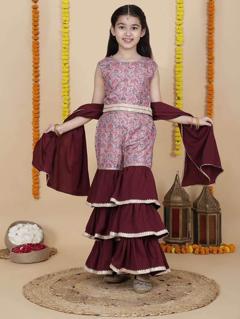girls self design maroon viscose kurta sharara set suit set - 22473223 -  Standard Image - 1