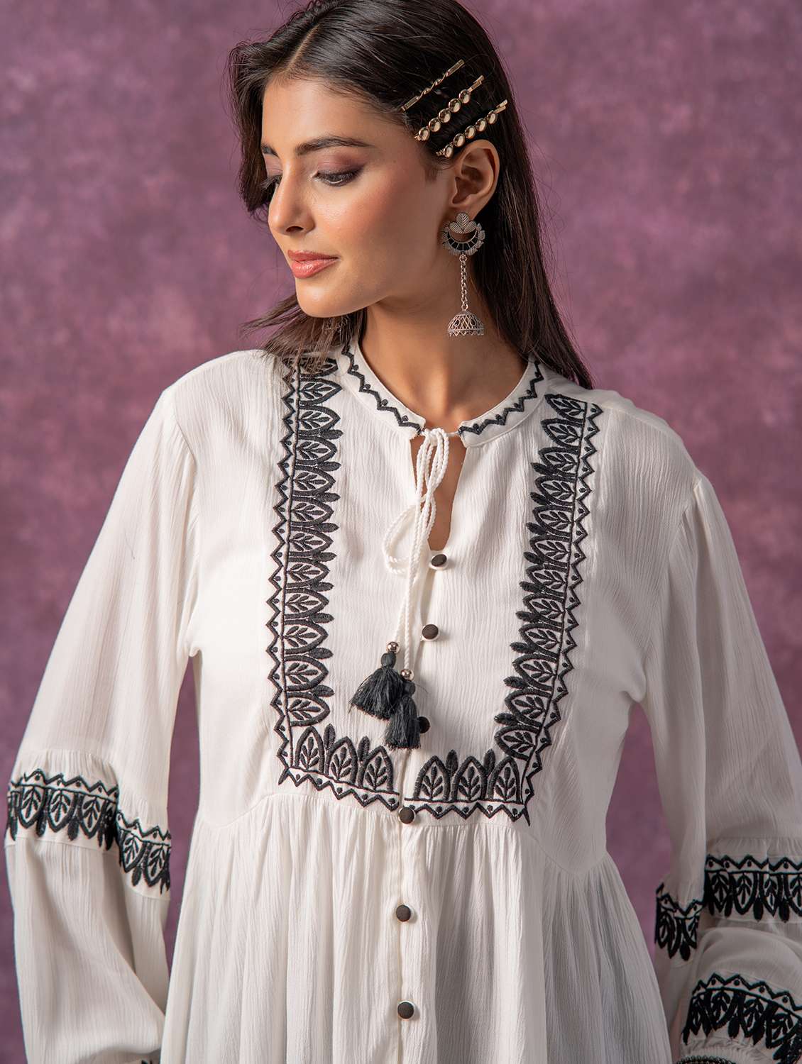 women embroidered tie up neck flared tunic - 22473248 -  Standard Image - 1