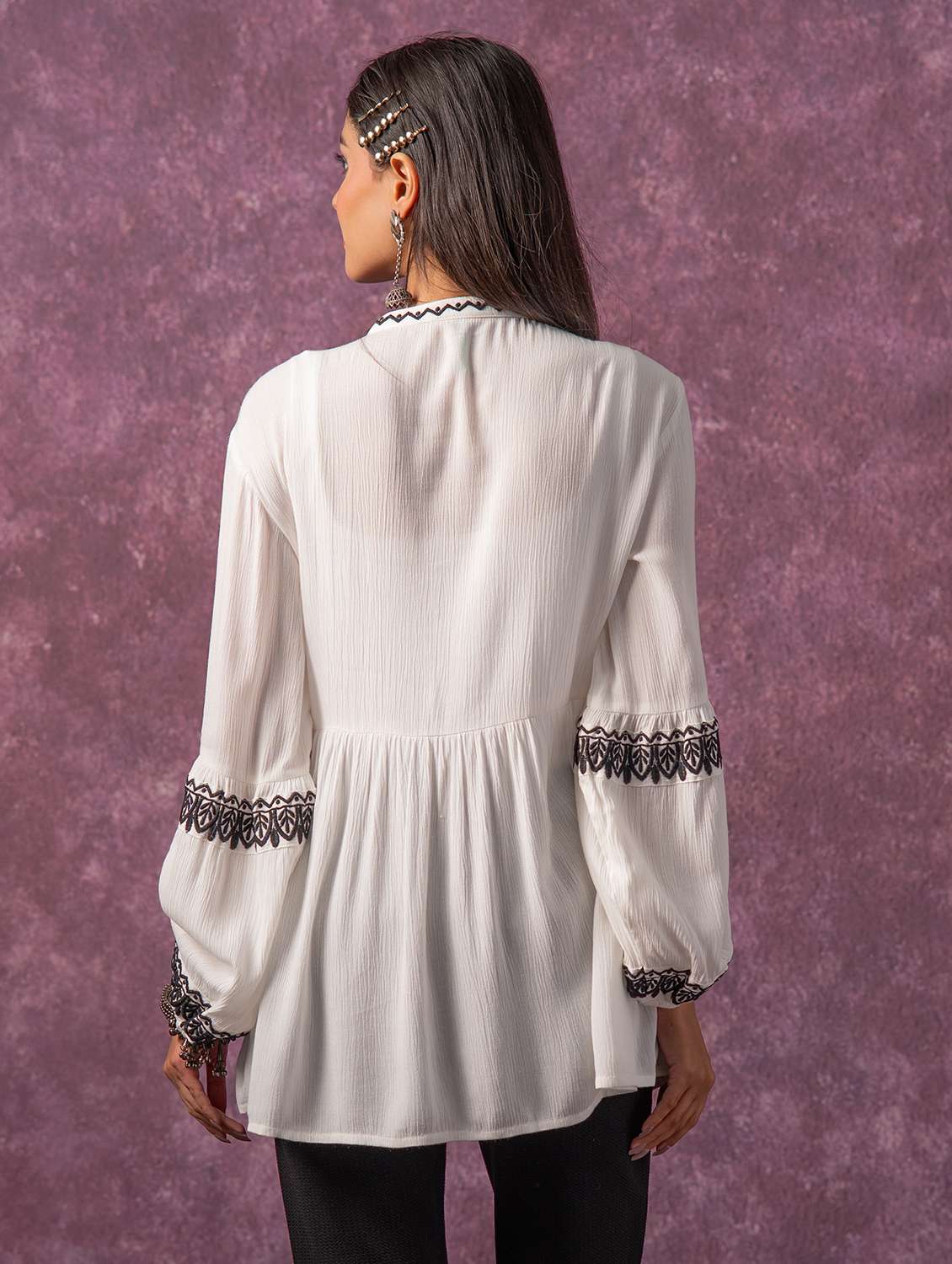 women embroidered tie up neck flared tunic - 22473248 -  Standard Image - 4