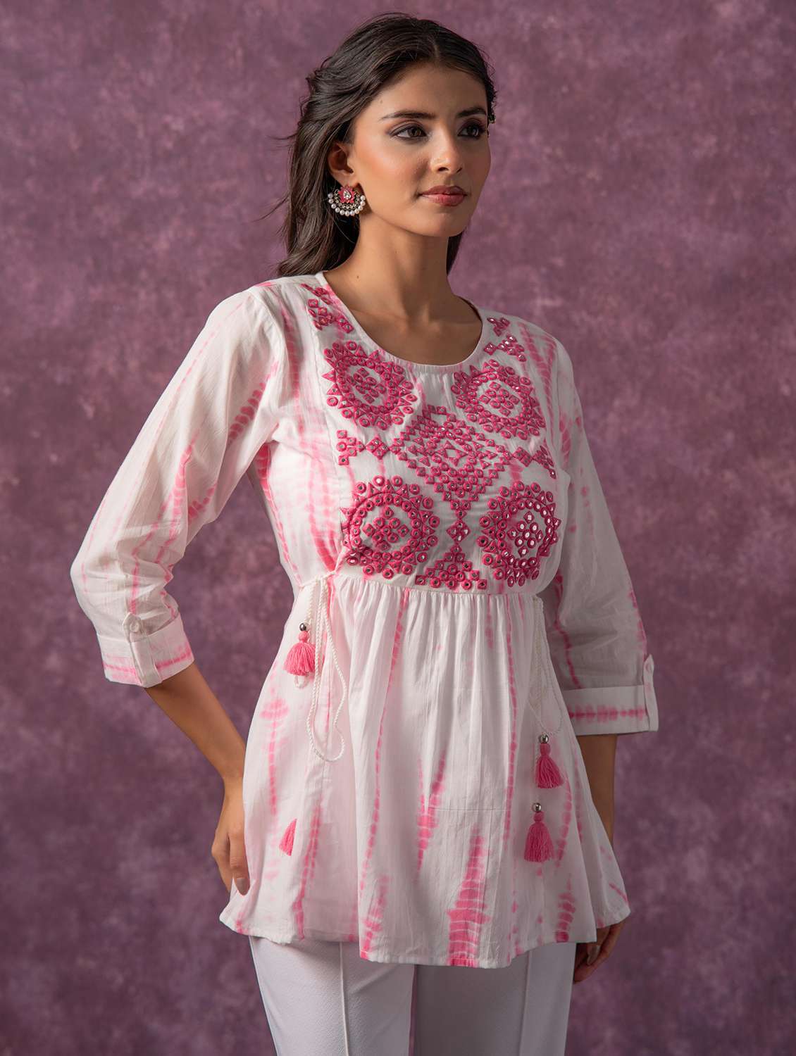 women tie & dye printed three quarter sleeve a-line top - 22473259 -  Standard Image - 1
