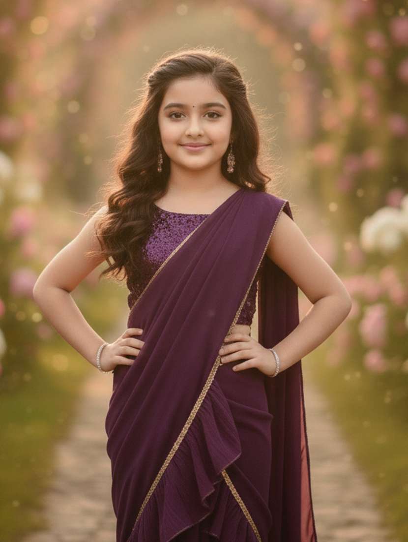 girls purple ready to wear saree - 22473277 -  Standard Image - 1