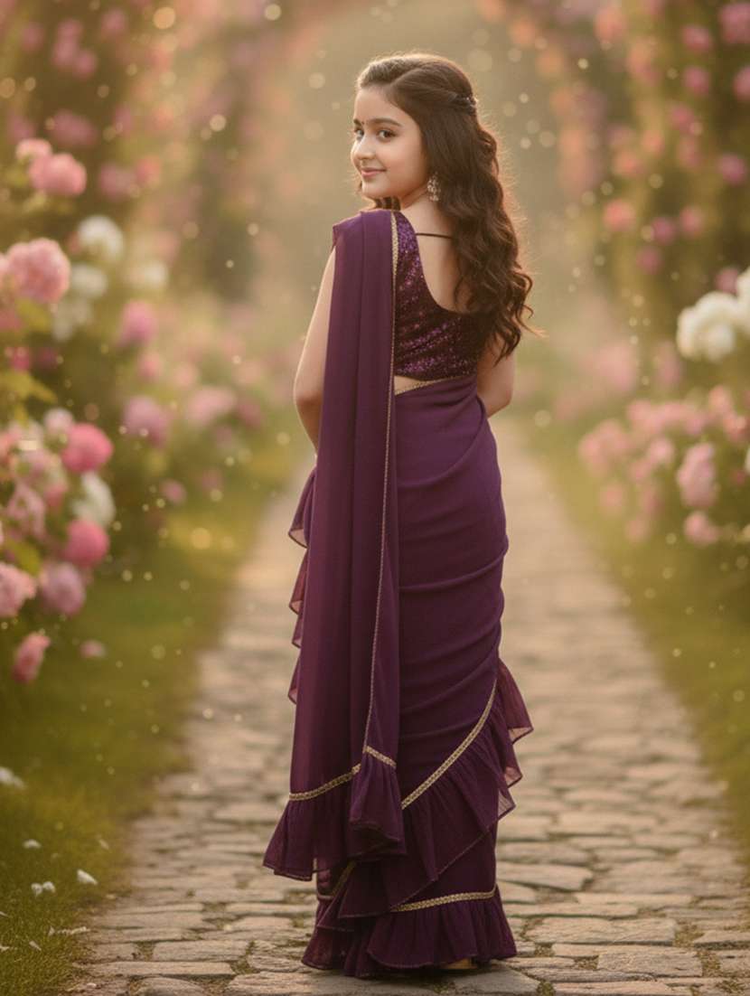 girls purple ready to wear saree - 22473277 -  Standard Image - 4