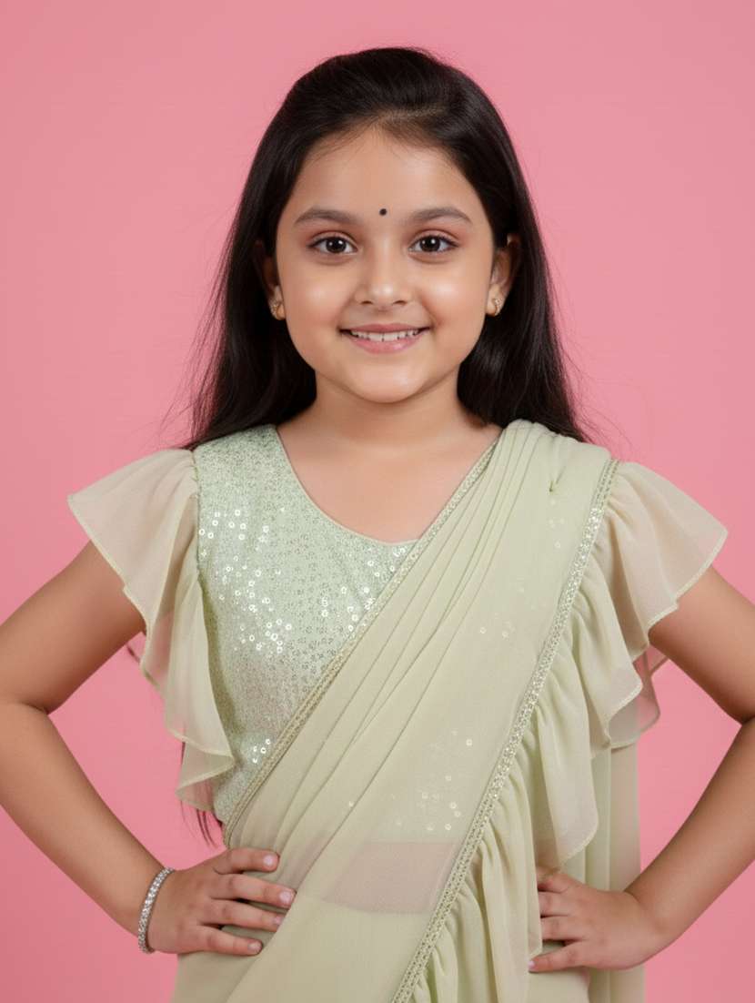 Girls Sea Green Ready To Wear Saree - 22473279 -  Standard Image - 1