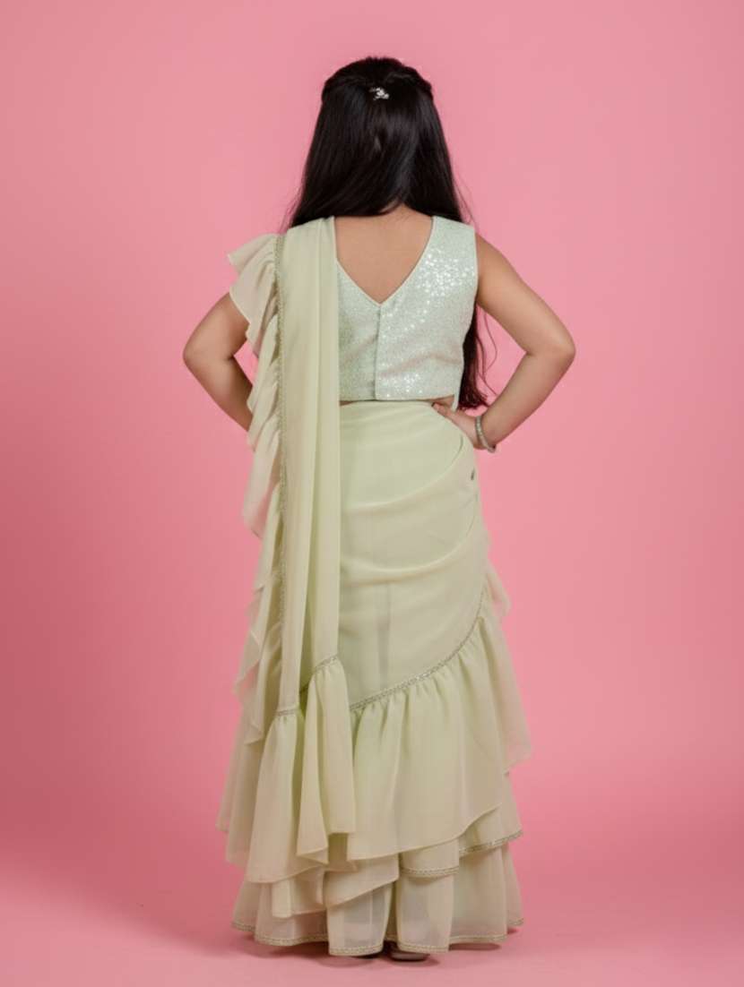 Girls Sea Green Ready To Wear Saree - 22473279 -  Standard Image - 4