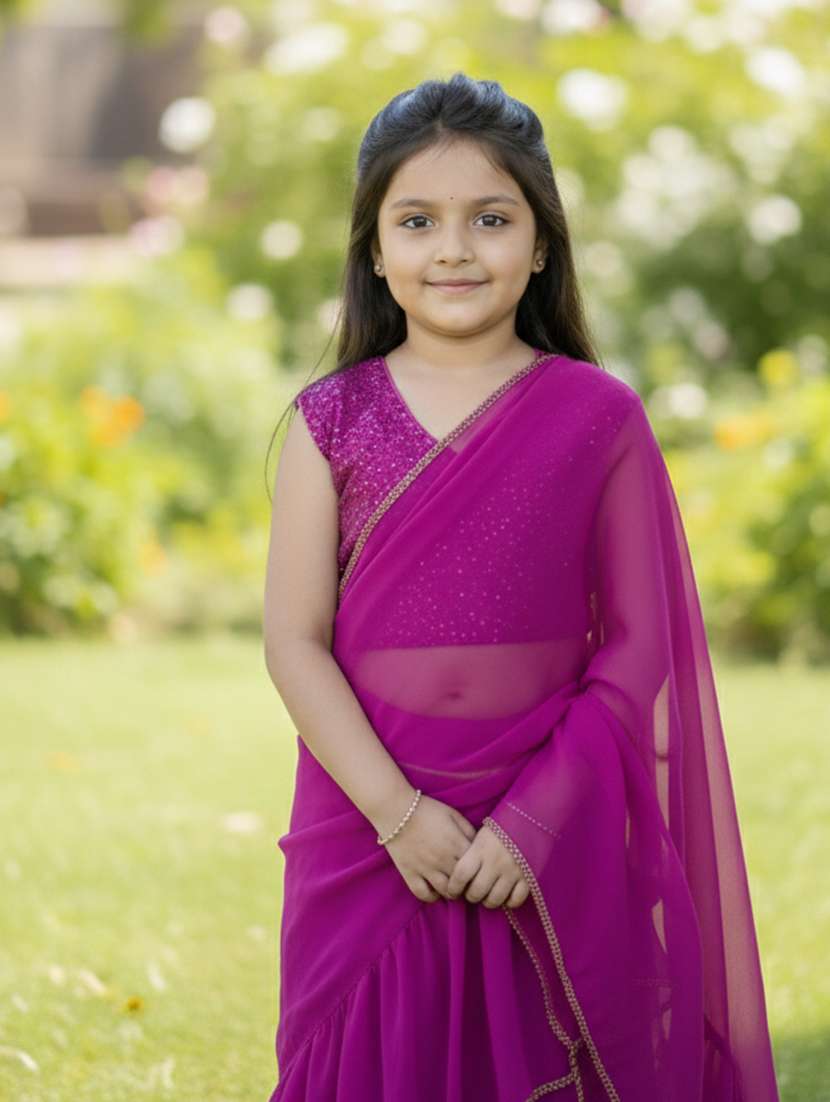 girls magenta ready to wear saree - 22473280 -  Standard Image - 1