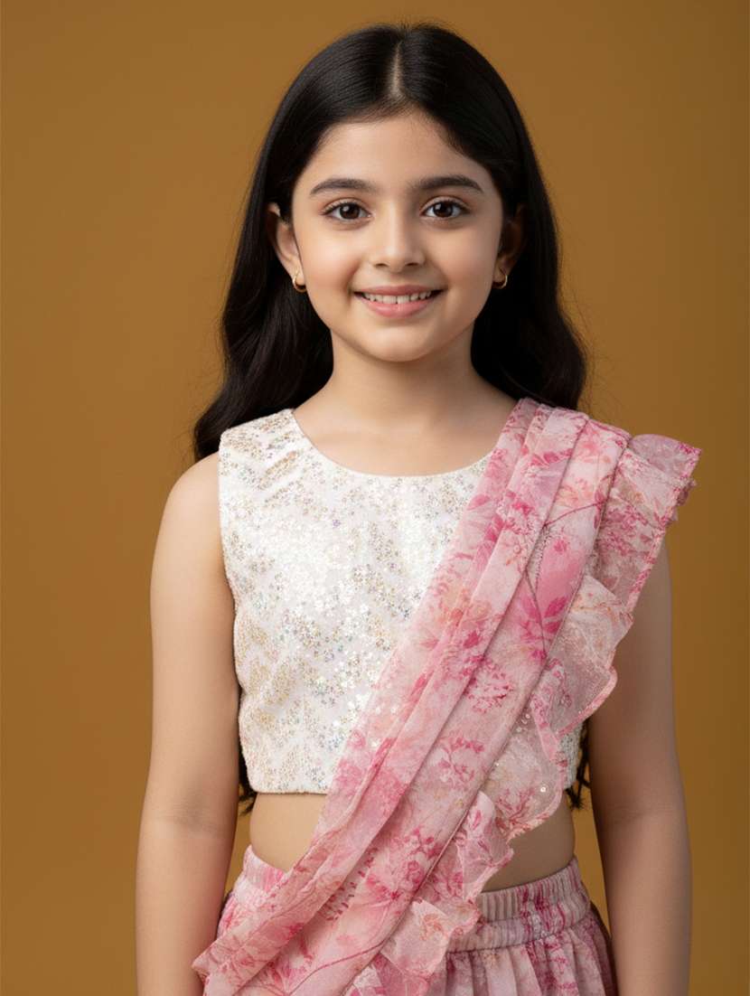 Girl Pink Lehenga Saree Saree - 22473281 -  Standard Image - 1