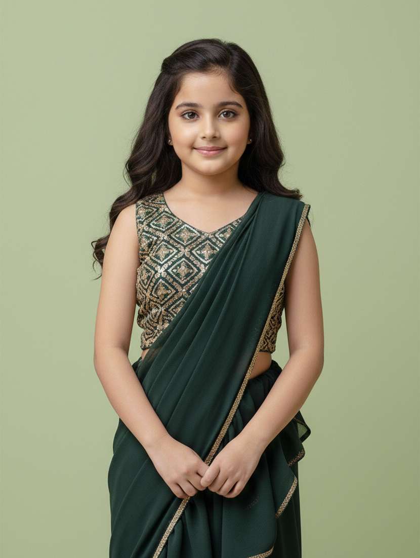 girls green ready to wear saree - 22473284 -  Standard Image - 1