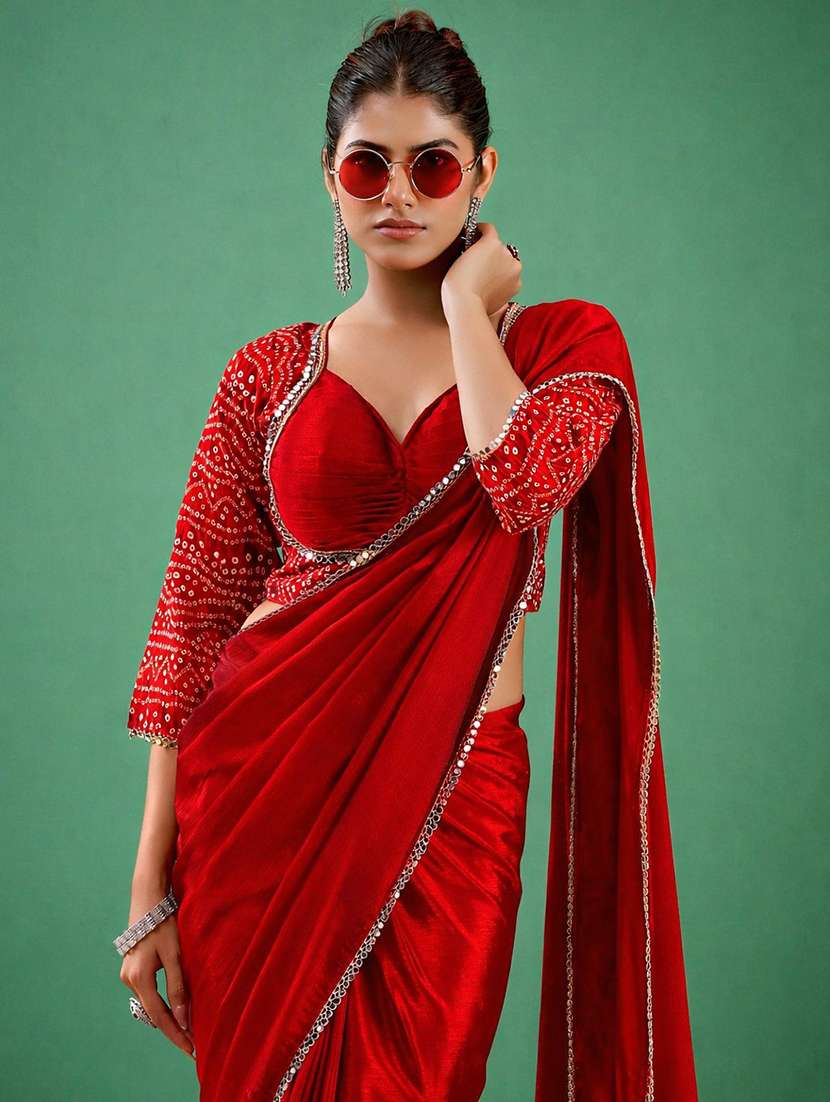 women solid with embellished bordered saree with blouse - 22473286 -  Standard Image - 1