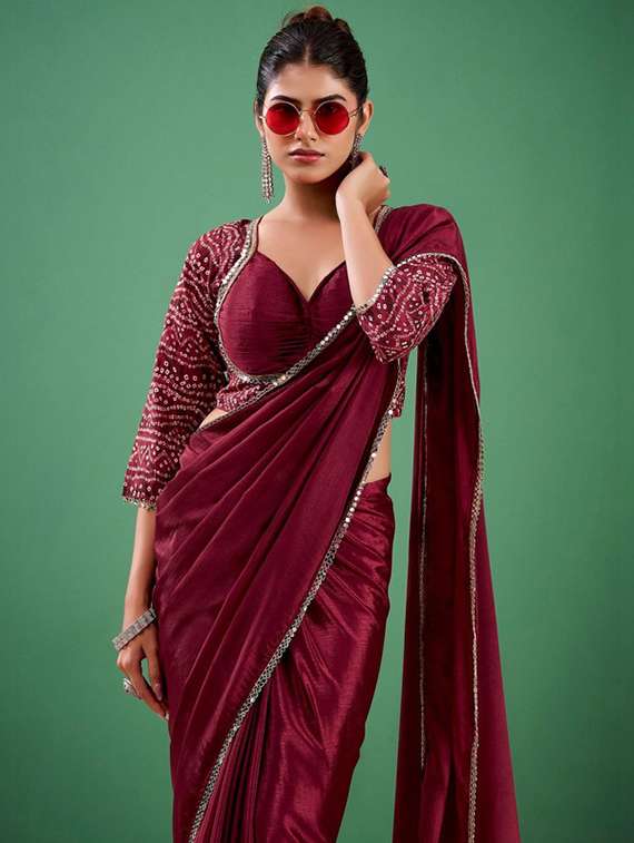 women solid with embellished bordered saree with blouse - 22473288 -  Standard Image - 1
