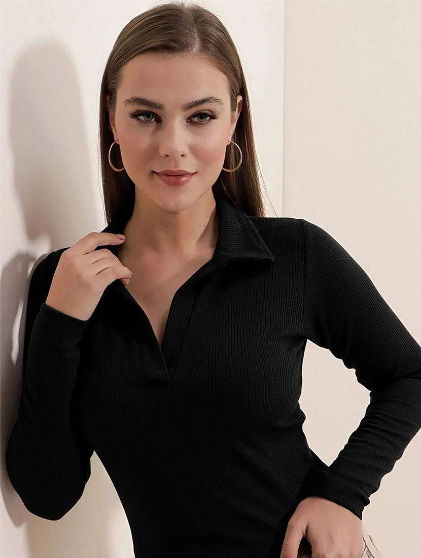 women solid long sleeve polo top - 22473322 -  Standard Image - 1