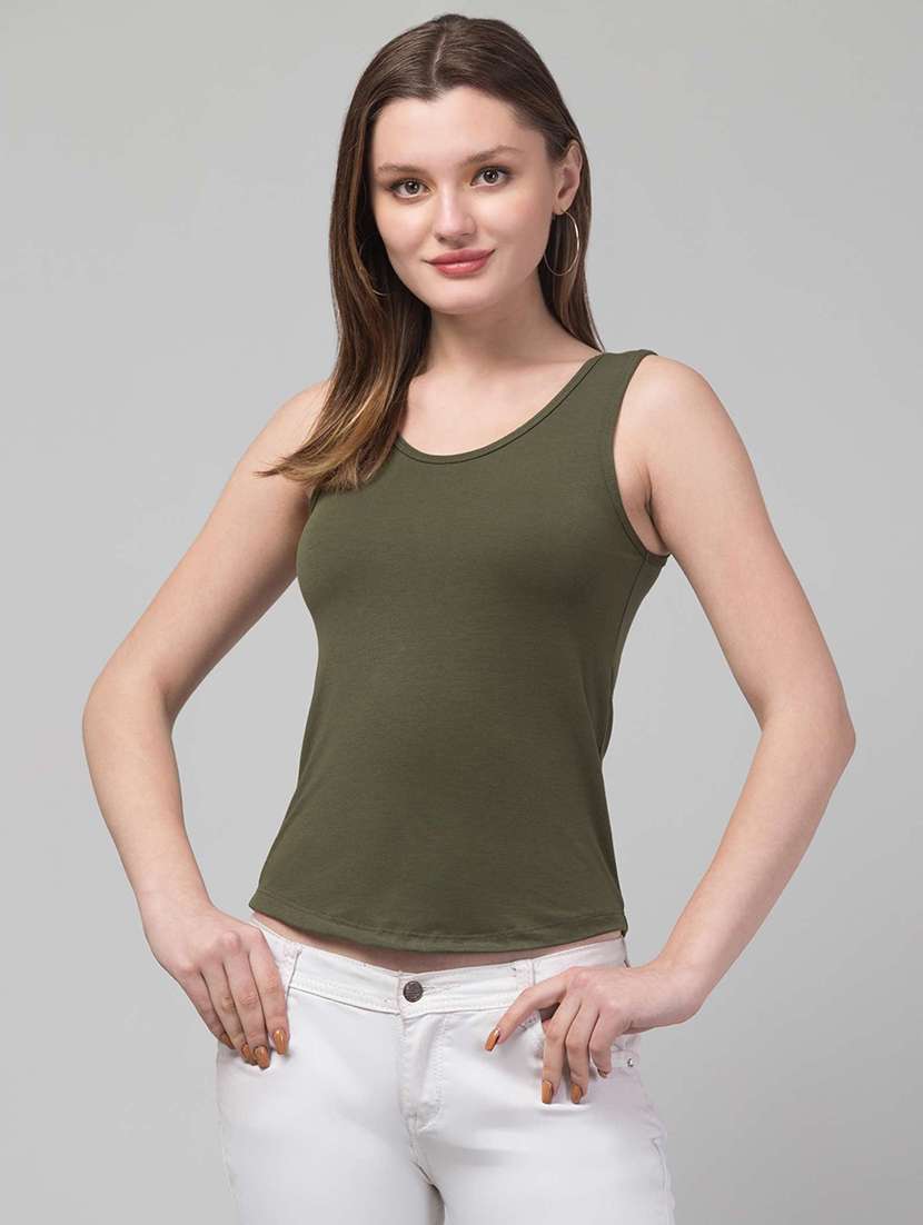 women solid green viscose tank top top