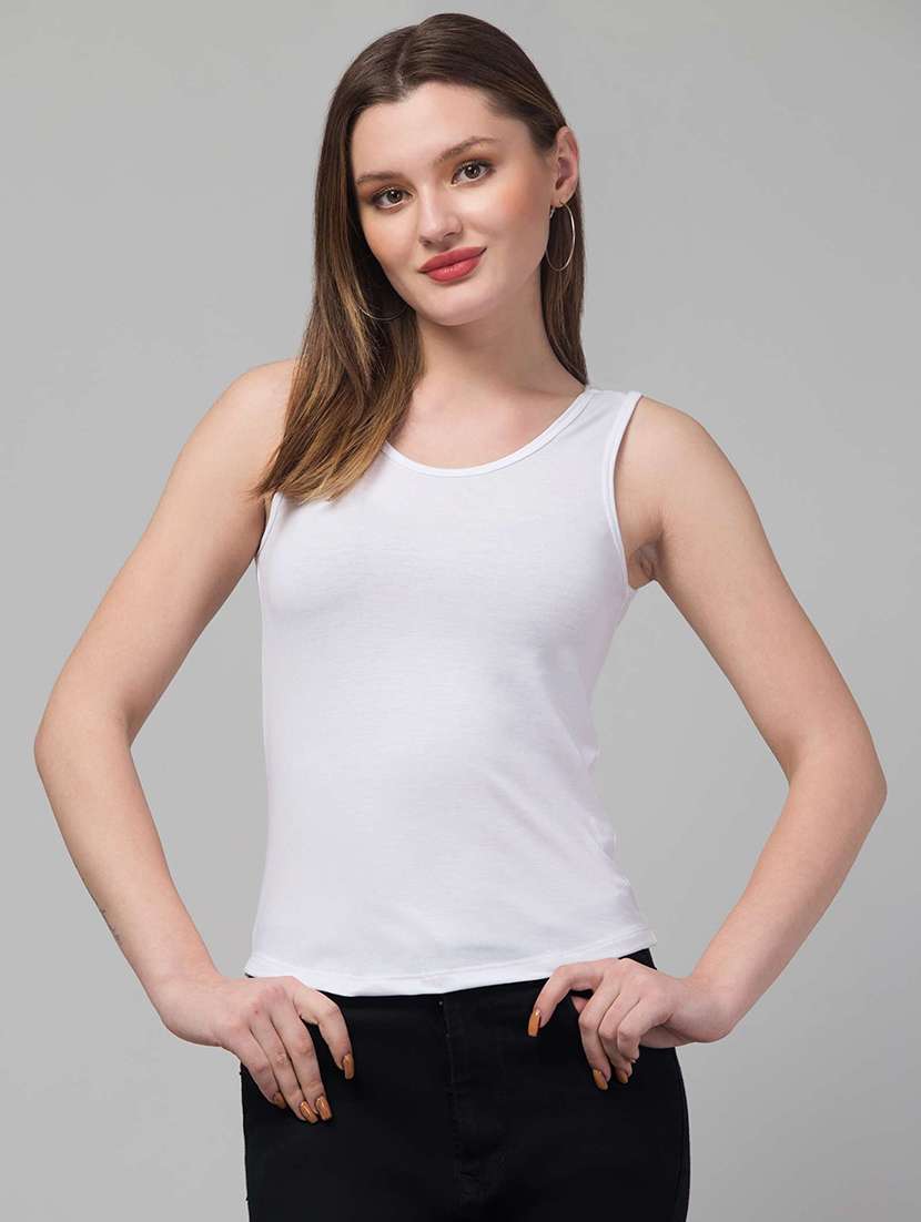 women solid white viscose tank top top