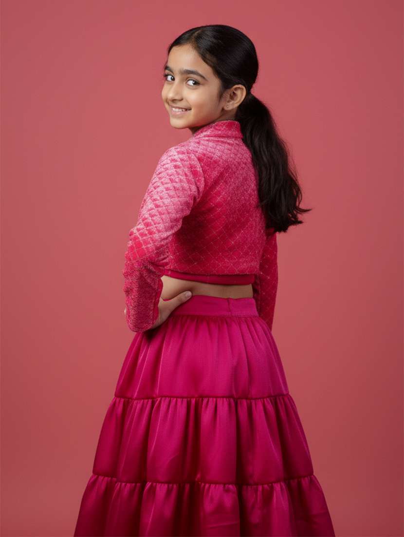 girls printed fuchsia silk blend lehenga choli - 22473432 -  Standard Image - 4