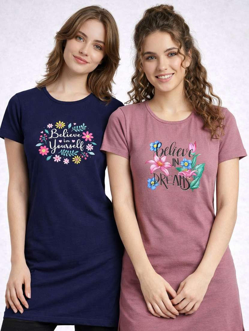 women printed  navy blue cotton blend front print t-shirt