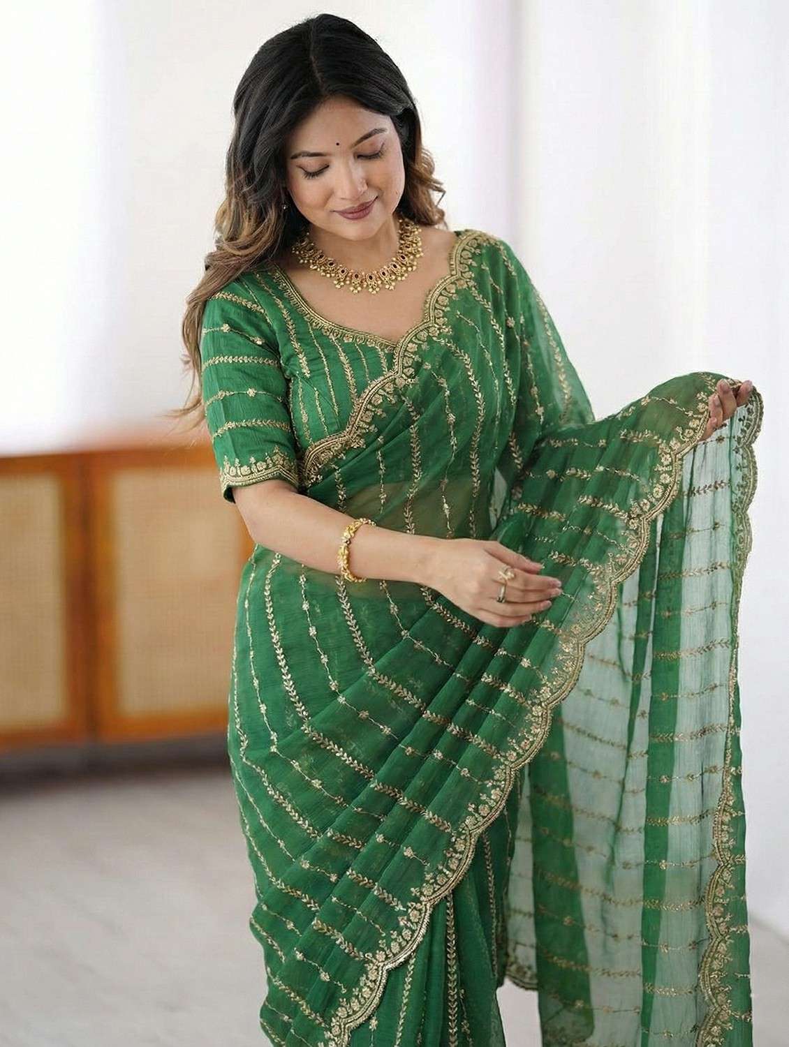 women green embellished saree with blouse - 22473654 -  Standard Image - 1
