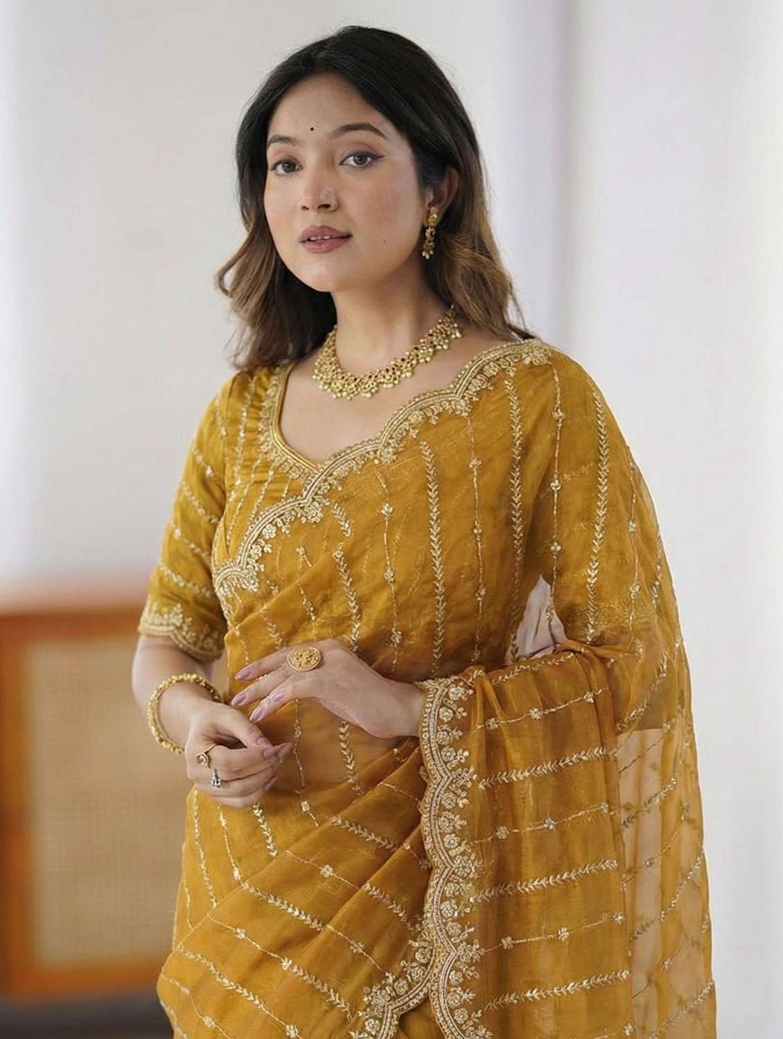 women mustard embellished saree with blouse - 22473655 -  Standard Image - 1