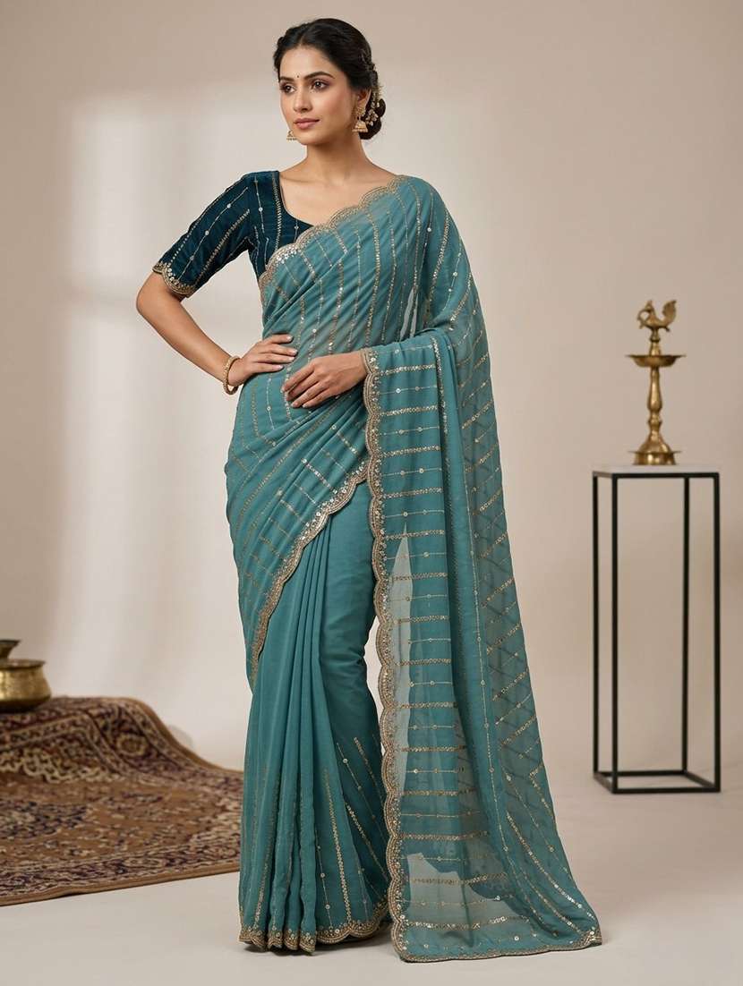 women solid with work embellished saree with blouse