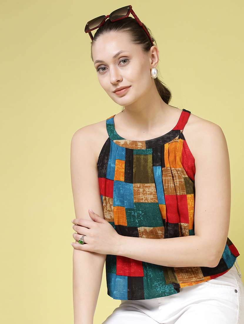 women printed green polyester regular top
