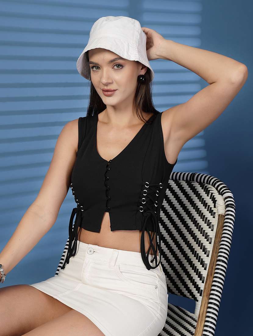 women solid black cotton shirt top