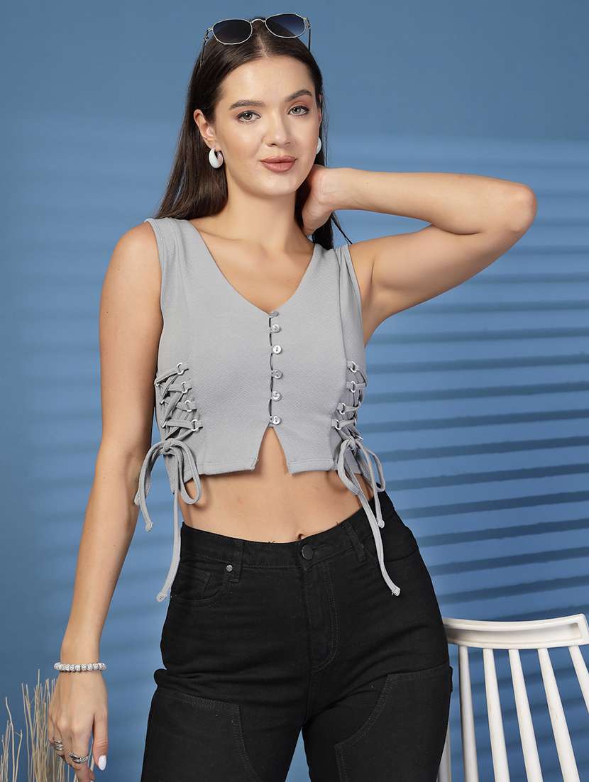 women solid grey cotton shirt top