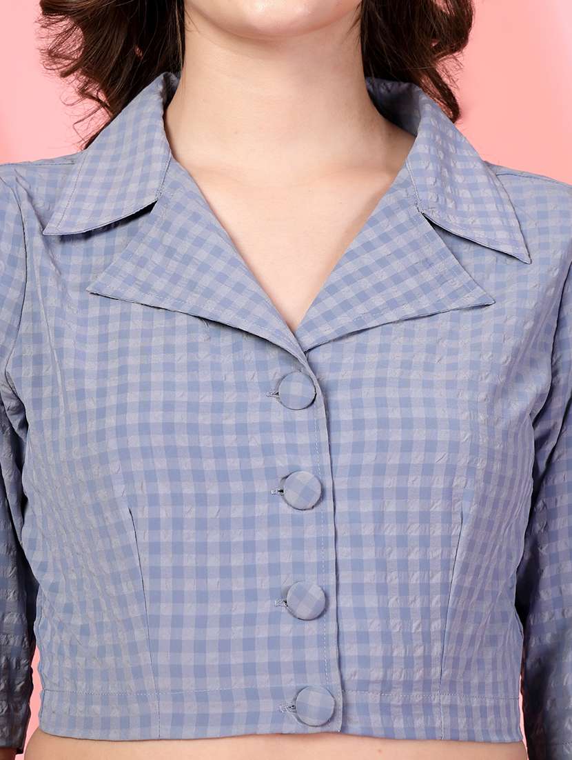 women heckered puff sleeve crop top - 22473842 -  Standard Image - 1