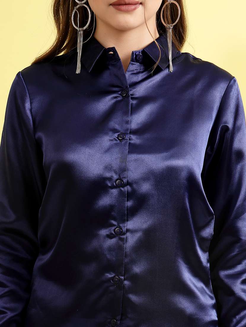 Women Solid Blue Polyester Regular Shirt - 22473892 -  Standard Image - 1