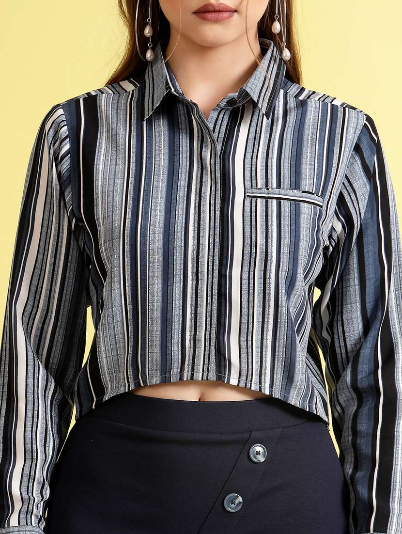 Women Stripes Black Polyester Regular Shirt - 22473896 -  Standard Image - 1