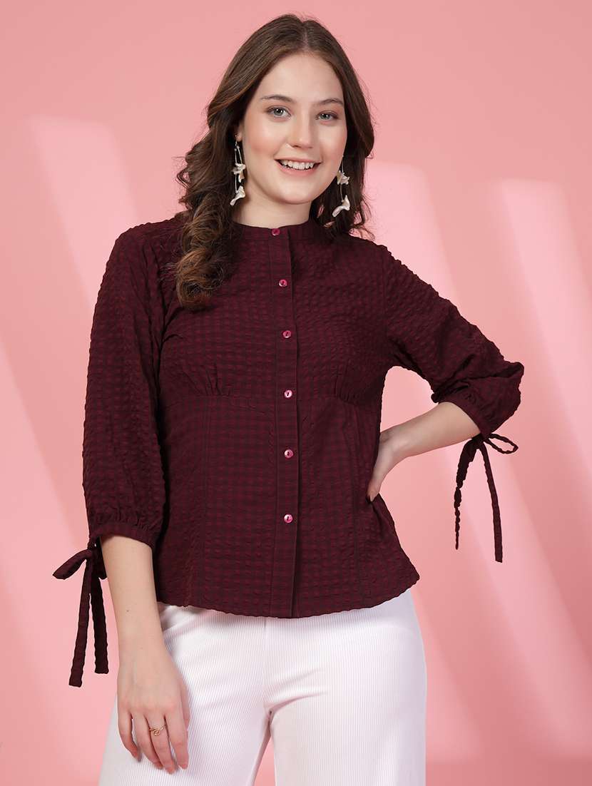 women checks maroon viscose regular shirt