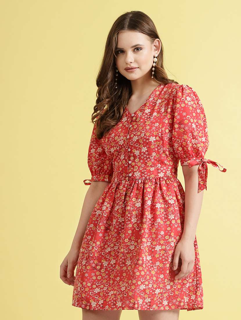 women printed puff sleeve fit & flare dress