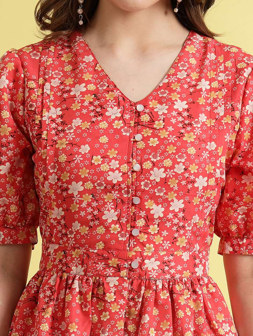 women printed puff sleeve fit & flare dress - 22473944 -  Standard Image - 1