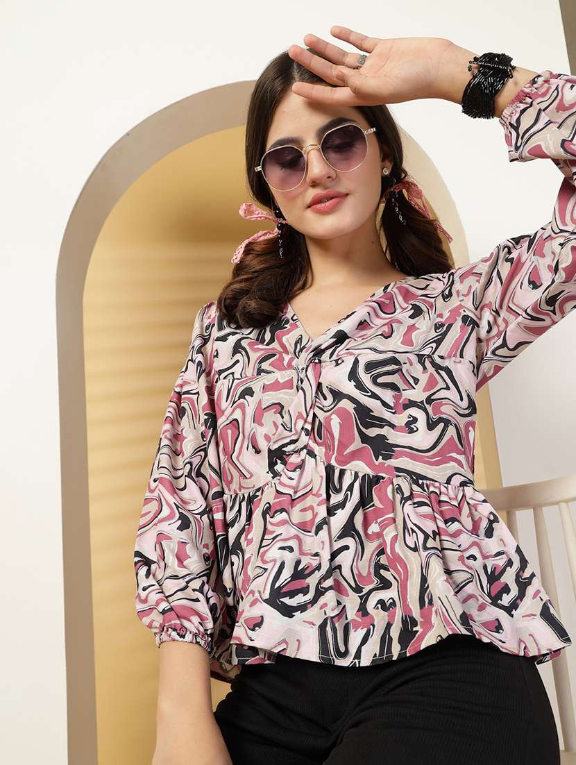 women printed pink cotton regular top