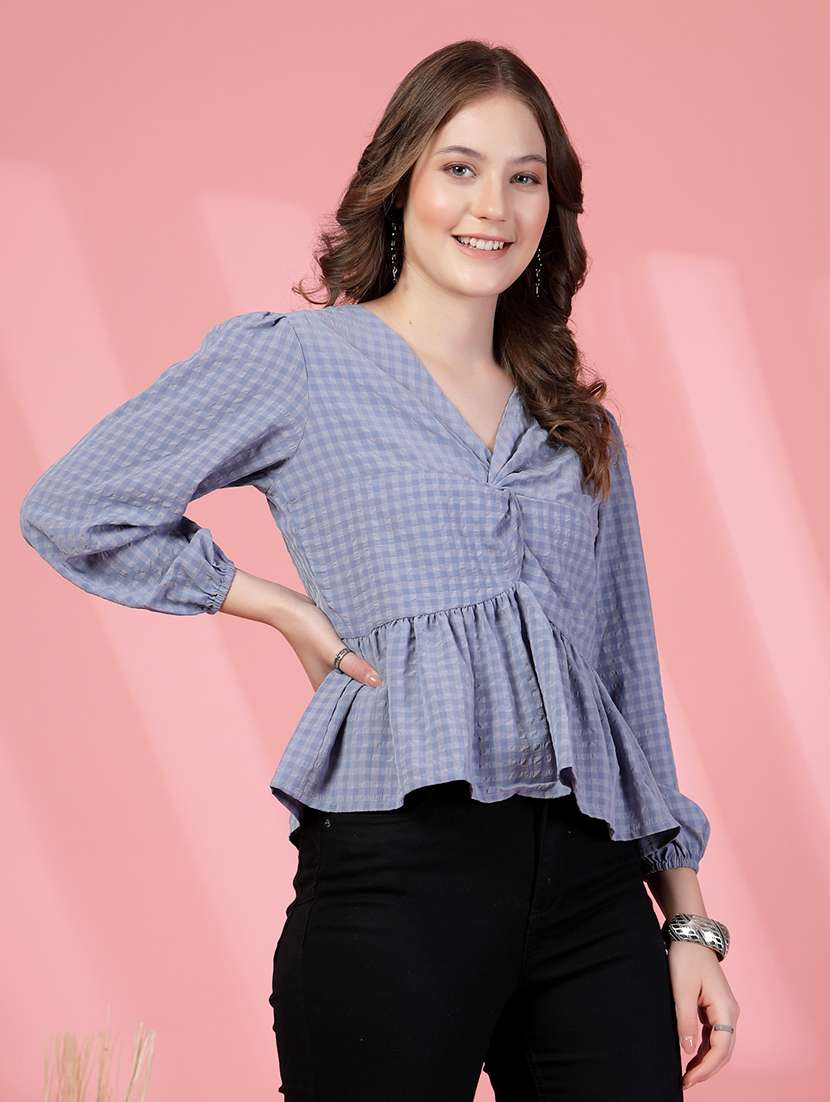 women checks blue viscose regular top