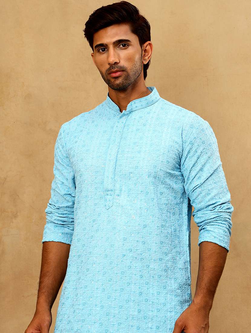 men blue cotton long kurtas kurta - 22476941 -  Standard Image - 1