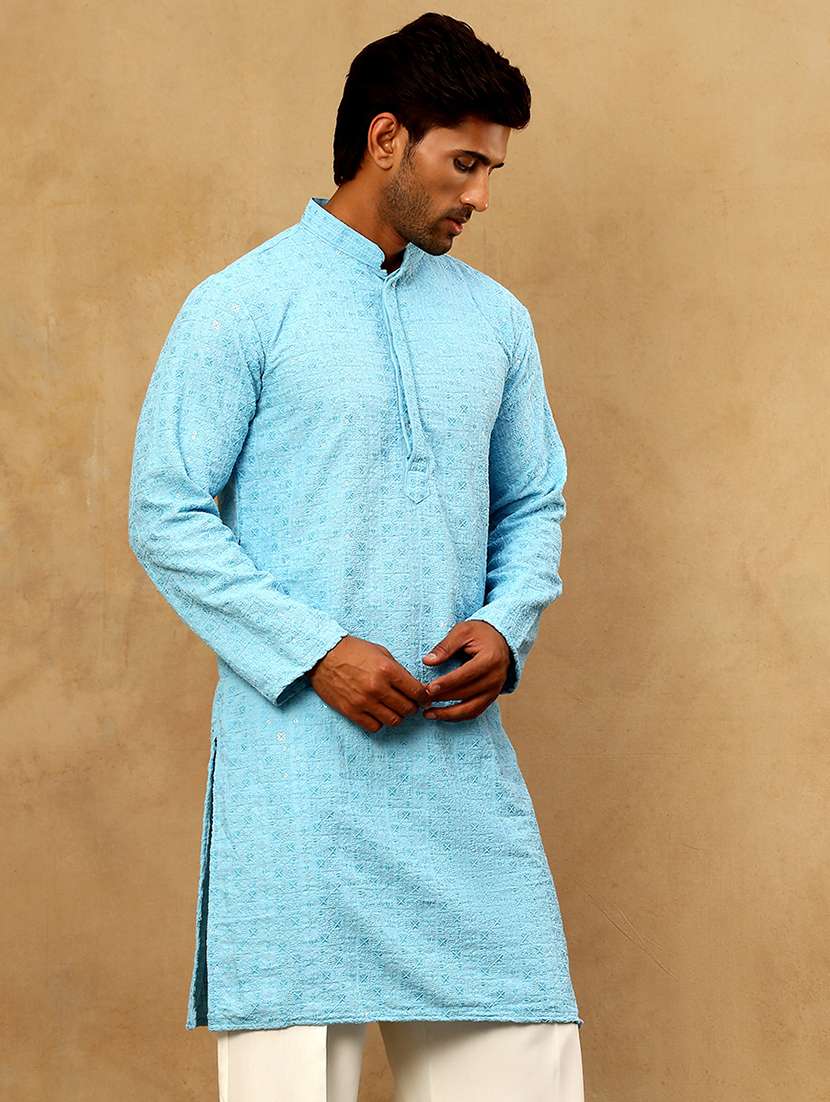men blue cotton long kurtas kurta - 22476941 -  Standard Image - 4