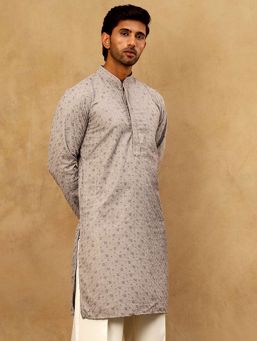 men grey cotton long kurtas kurta - 22476942 -  Standard Image - 4