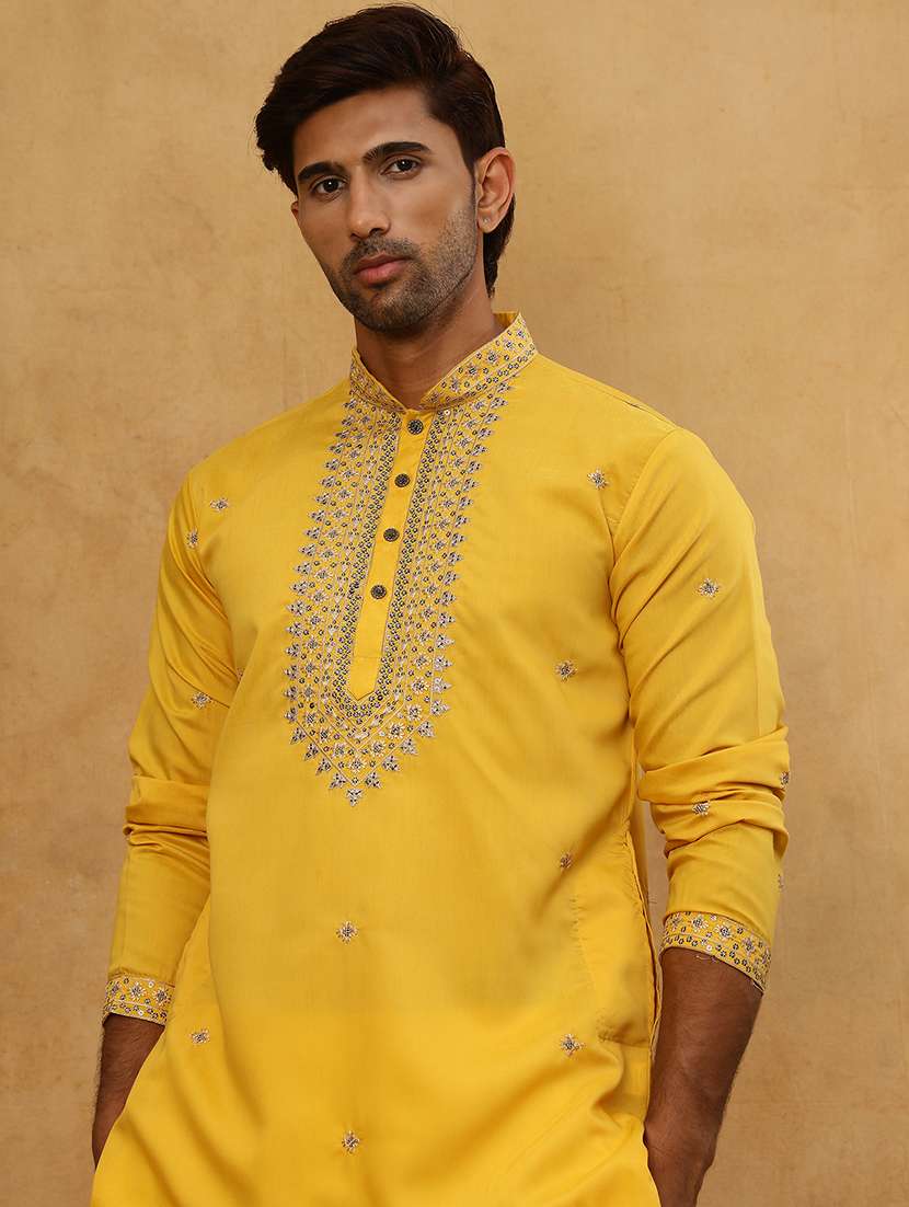 men yellow silk blend long kurtas kurta - 22476943 -  Standard Image - 1