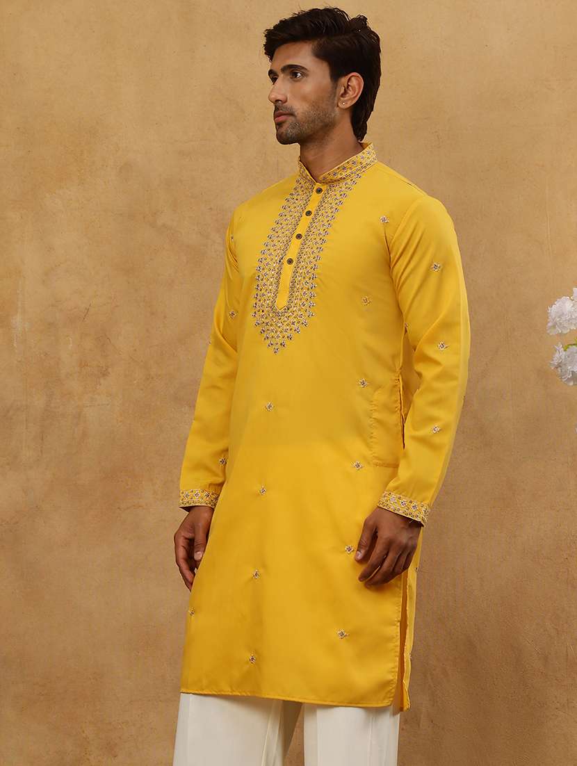 men yellow silk blend long kurtas kurta - 22476943 -  Standard Image - 4