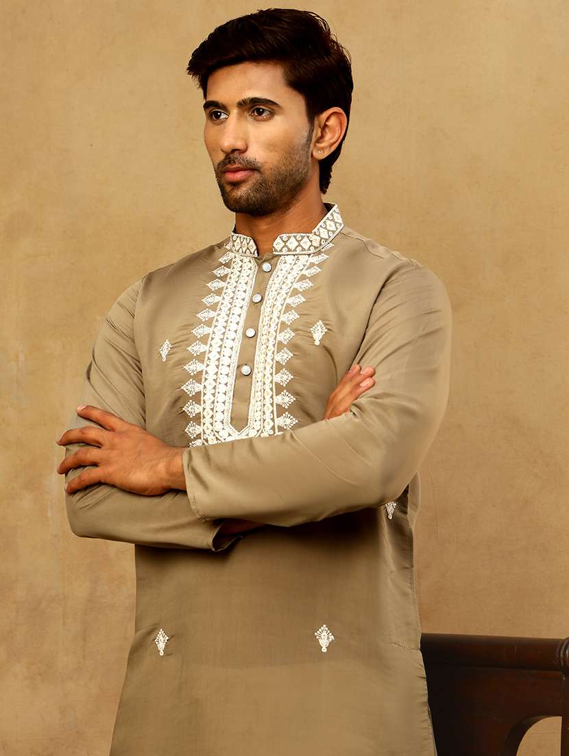 men beige silk blend long kurtas kurta - 22476945 -  Standard Image - 1