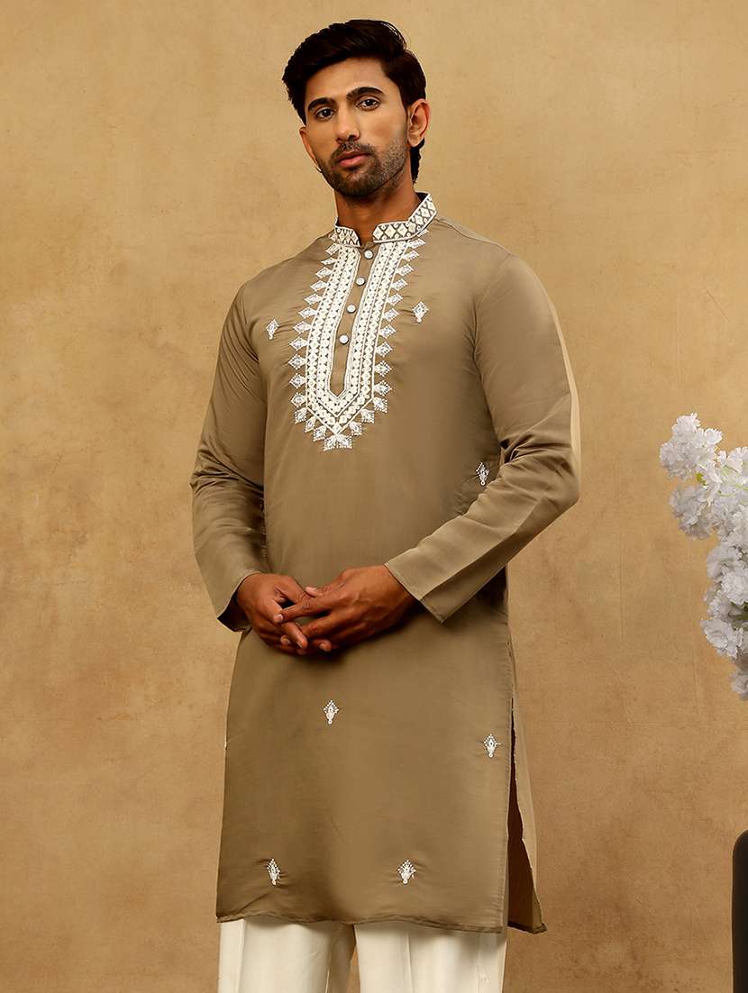 men beige silk blend long kurtas kurta - 22476945 -  Standard Image - 4