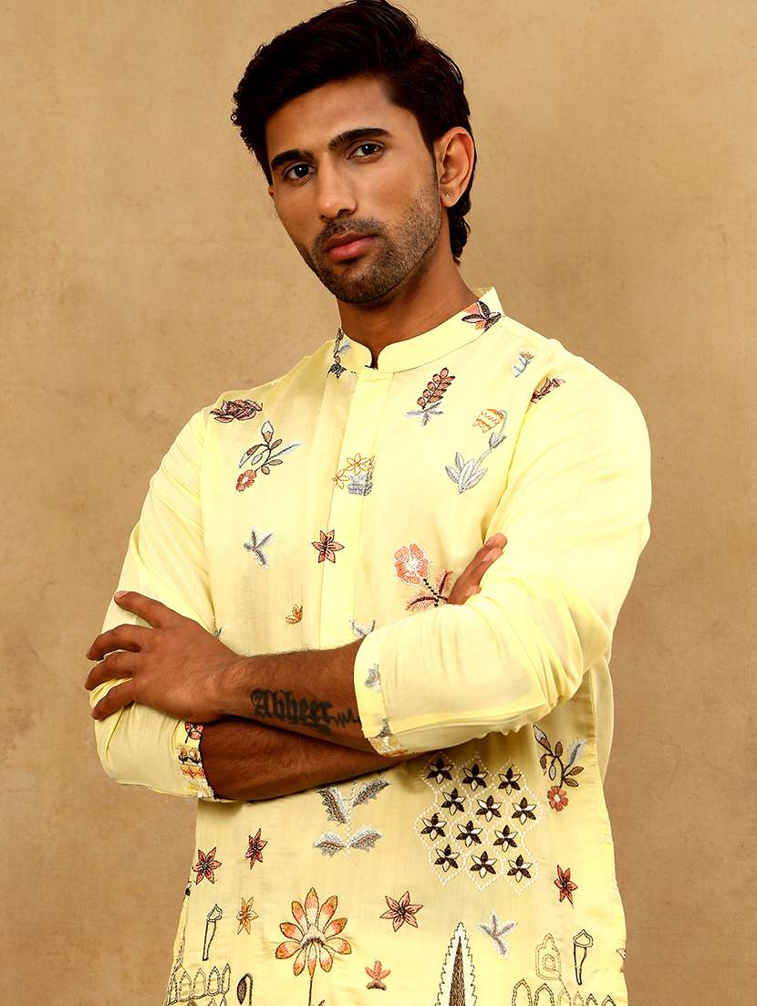men yellow silk blend long kurtas kurta - 22476952 -  Standard Image - 1