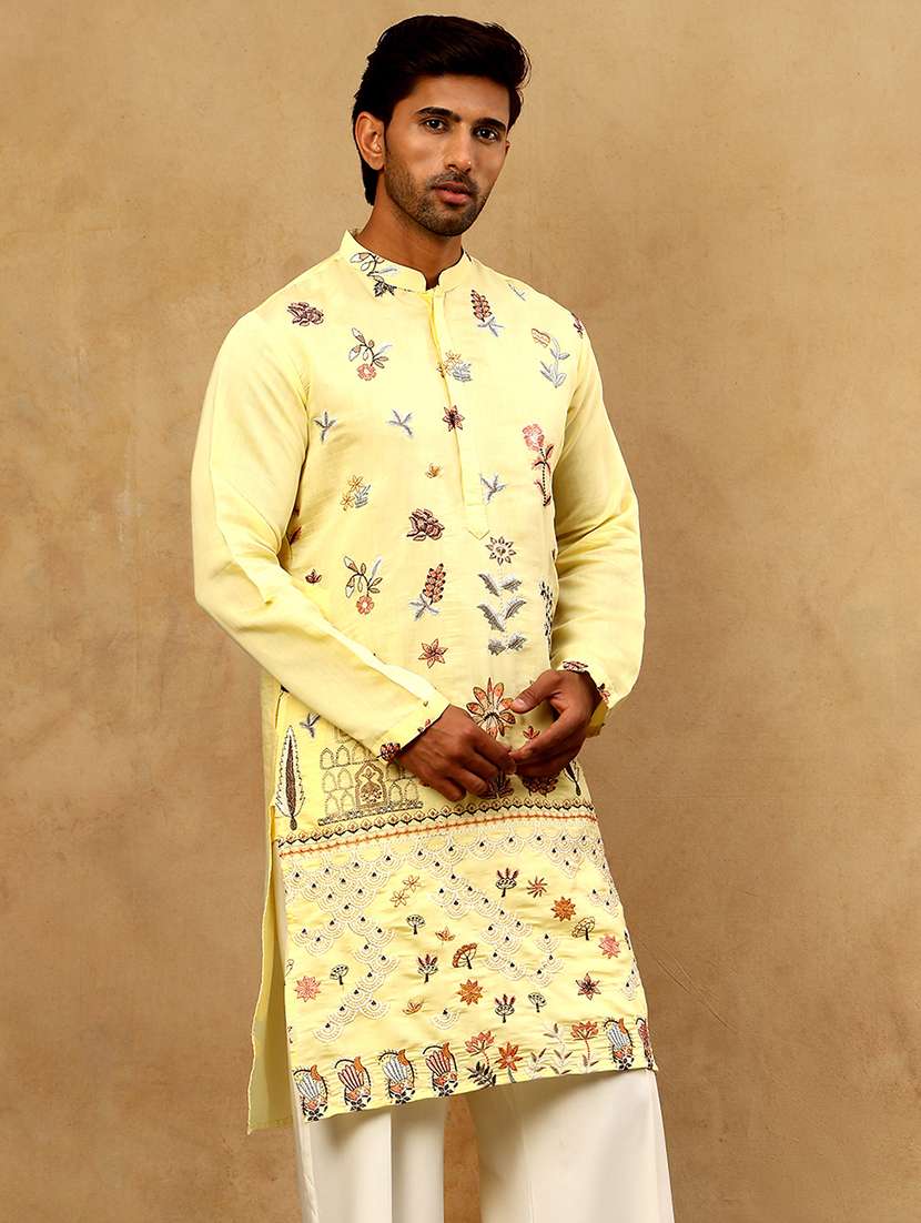 men yellow silk blend long kurtas kurta - 22476952 -  Standard Image - 4