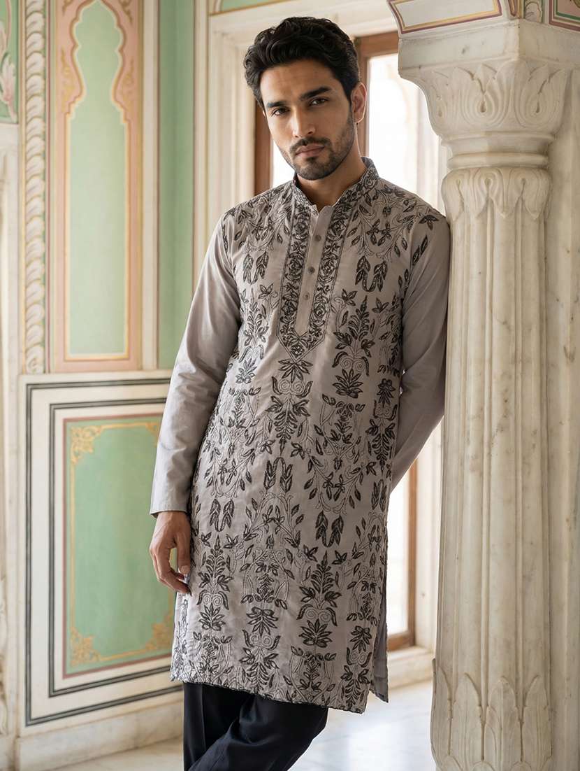 men embroidered long sleeve straight kurta